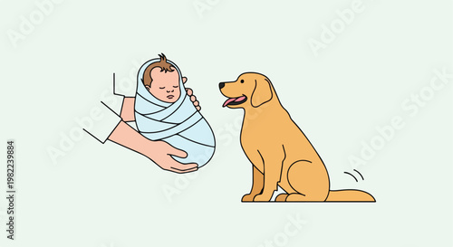 Hands holding a swaddled newborn baby as a golden retriever dog watches closely