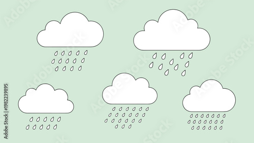 Simple illustration of five white clouds with falling raindrops on a soothing light green background for weather themes.