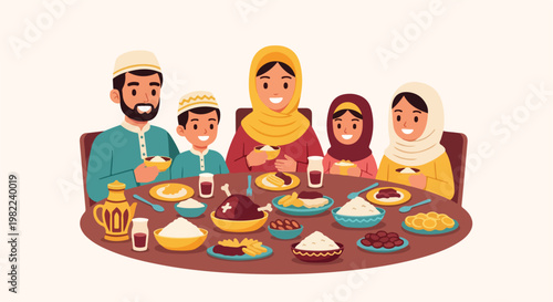 A happy Muslim family gathers around a feast for their traditional Iftar dinner