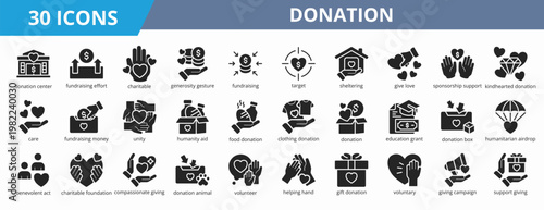 Set of glyph style donation icon. A collection of icons suitable for web and mobile application. Including donation center, fundraising effort, charitable, generosity gesture, and more.