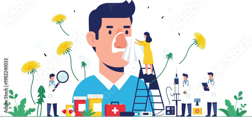 Allergy Treatment and Healthcare Concept with Patient Sneezing, Doctors Providing Medical Care, Medication and Diagnosis for Seasonal Illness Vector Illustration