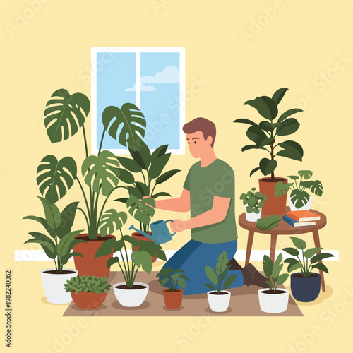 Indoor plants are watered by a kneeling man with a blue can in a brightened room