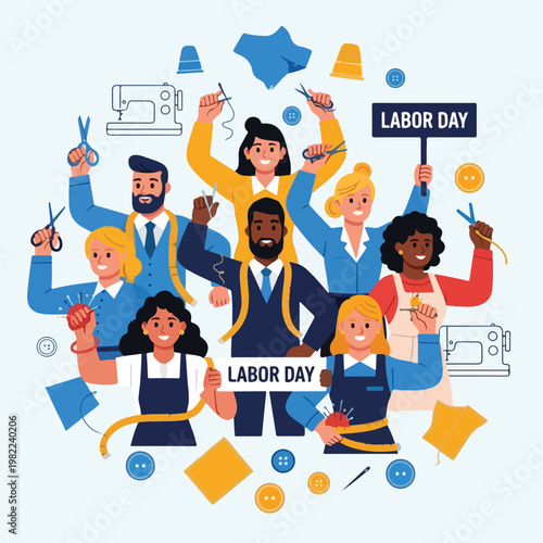 A diverse group of tailors celebrating Labor Day with various sewing accessories