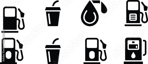 Gas station icon set featuring fuel pump dispensers, gasoline drops, and soda cups for travel and transportation UI design.
