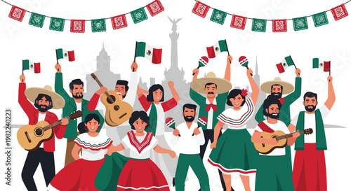People celebrate Mexican culture with flags, music, and traditional folk attire