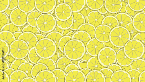 Vibrant and dense overhead pattern of bright yellow lemon slices filling the entire frame for a fresh summer look.