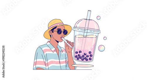 Person drinking boba tea with straw and bubbles