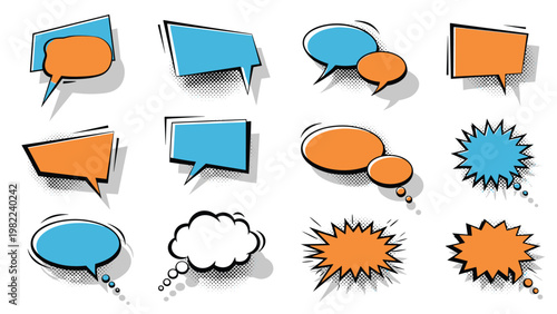 Collection of various colorful comic speech bubbles and thinking clouds in pop art style on a white background.