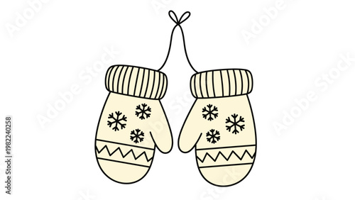 Pair of cozy cream colored winter mittens with snowflake patterns hanging by a string in a simple line art style.