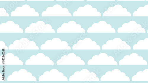 Seamless pattern with rows of white fluffy cartoon clouds on a soft light blue background for a peaceful sky view.