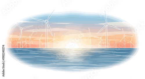 Wind turbines at sunset over water, renewable energy landscape