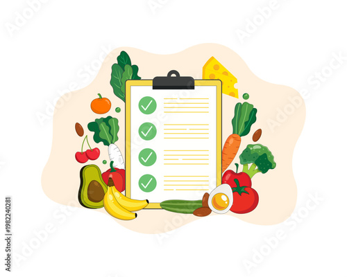 illustration of healthy diet plan checklist, fruits, and vegetables for weight loss goals
