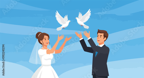 Happy bride and groom release two white doves into a clear blue sky at a wedding