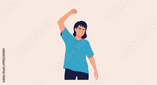 Angry woman raising her fist in protest, flat vector illustration on plain base