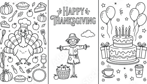 Thanksgiving Holiday Doodle Vector Set with Turkey, Pumpkin Pie, Scarecrow, Cake, and Celebration Symbols