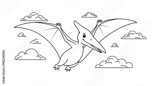 Cute cartoon pterodactyl dinosaur flying in the sky among fluffy white clouds in black and white line art style.