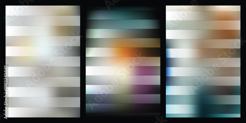 A triptych of abstract art pieces with horizontal lines and blurred colors on a black background