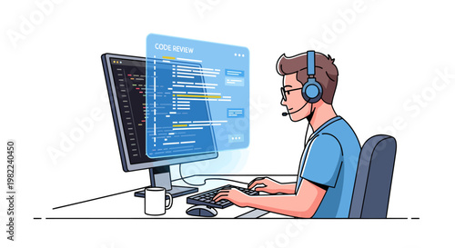 Man wearing headset sitting at computer with software code on screen