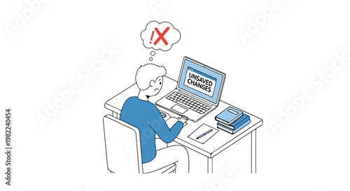 An illustration of a worried man facing unsaved work changes on a laptop screen