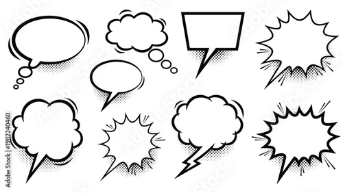 Set of various black outline comic speech bubbles and thinking clouds with halftone shadows on a white background.