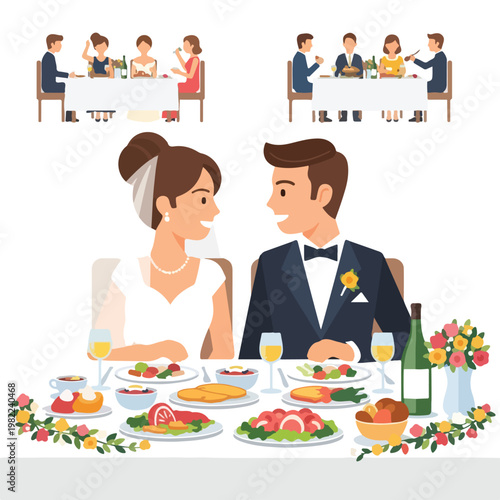 Wedding banquet illustration of a bride and groom at their elegant dinner table