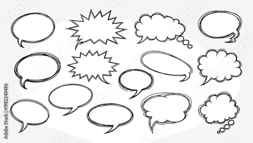 Collection of hand drawn sketchy comic speech bubbles and thinking clouds in black ink on a plain white background.