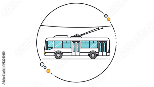 Clean illustration of a white and teal trolleybus vehicle depicted inside a minimalist circular frame with small accents.