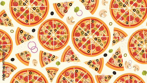 Delicious seamless pattern featuring whole pizzas and individual slices with various toppings like pepperoni and olives.