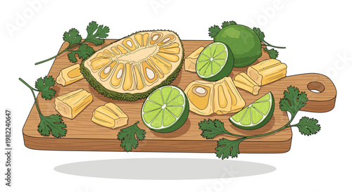 Fresh pineapple and lime fruits on cutting board with herbs