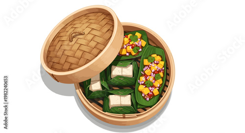 Steamed dumplings in bamboo steamer with green leaves
