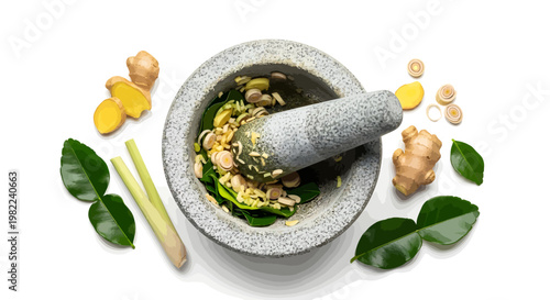Mortar and pestle with herbs and spices for cooking or medicine