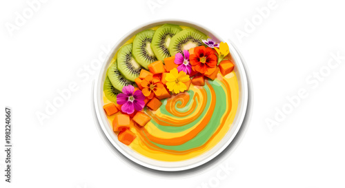 Vibrant fruit platter with colorful flowers on white background