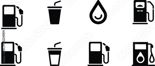 Gas station icon set featuring fuel pump dispensers, gasoline drops, and soda cups for travel and transportation UI design.
