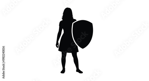 A woman stands with a shield in a dramatic silhouette