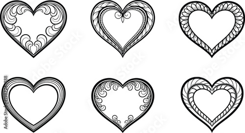 Intricate designs of six stylized ornate hearts with decorative borders Vector