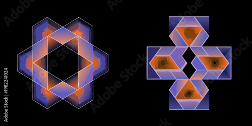 Abstract geometric patterns with orange and blue hues on black