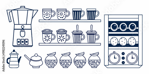 Line art illustration of coffee makers mugs and beverage dispensers