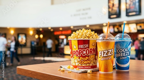 Cinema popcorn bucket with two soda cups on a concession counter for movie snack poster and banner display