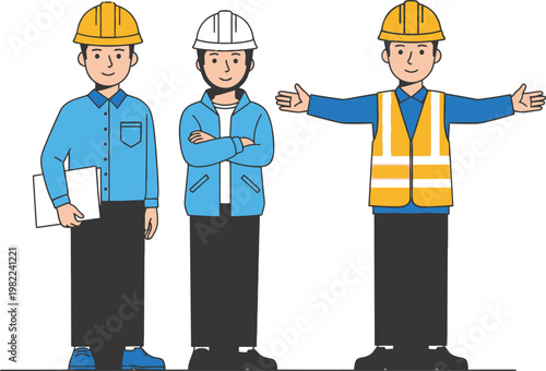 Construction Workers Set with Engineers Wearing Helmets and Safety Vest, Professional Builders and Industrial Labor Characters Vector Illustration