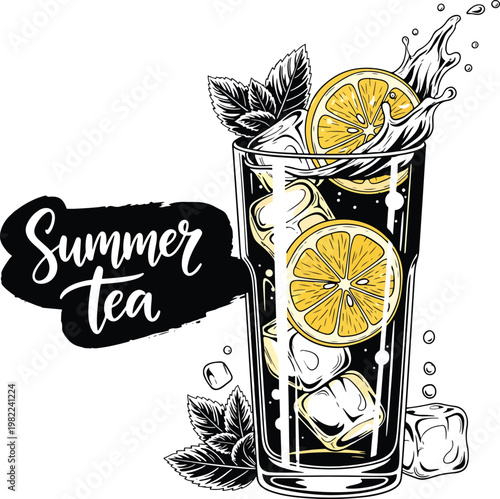 Hand drawn illustration of a glass of iced tea with lemon and mint.