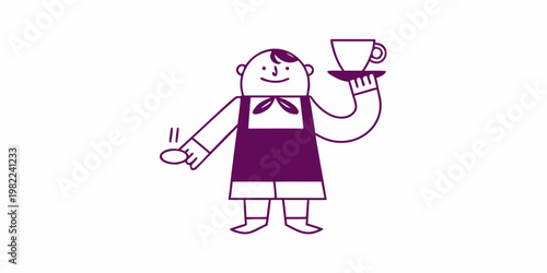 A stylized illustration of a waiter serving coffee on a tray
