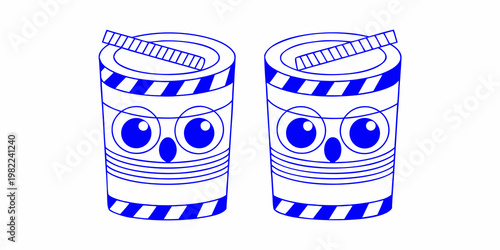 Two cartoonish soda cans with faces and striped designs are shown