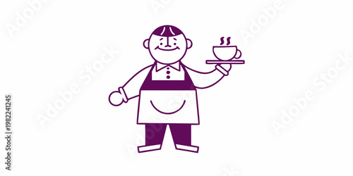 A simple illustration of a waiter serving a steaming cup of coffee