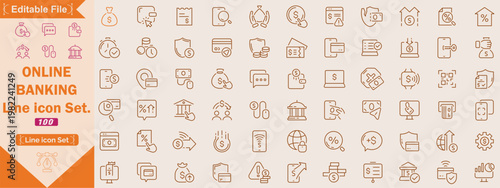 Online payment and banking editable line icon set featuring digital wallets, fintech, and secure transaction symbols. Ideal for e-commerce apps, banking websites, and UI design. Editable.