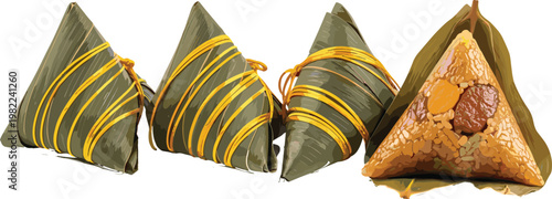 Traditional zongzi rice dumplings wrapped in bamboo leaves, Asian festival food, Dragon Boat Festival delicacy, authentic Chinese cuisine vector illustration