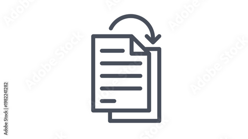 Minimalist black vector icon of two stacked document pages with a curved arrow pointing downwards, representing file duplication, copying, data backup, or document versioning processes in a clean