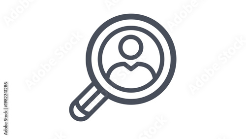 Black line art vector icon of a magnifying glass with a person silhouette inside, representing recruitment, talent search, human resources, hiring, and user discovery on a white background.