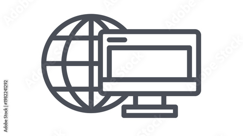 Global internet connectivity vector icon illustration featuring a minimalist black silhouette of a computer monitor screen in front of a world globe symbol for web browsing and online network.