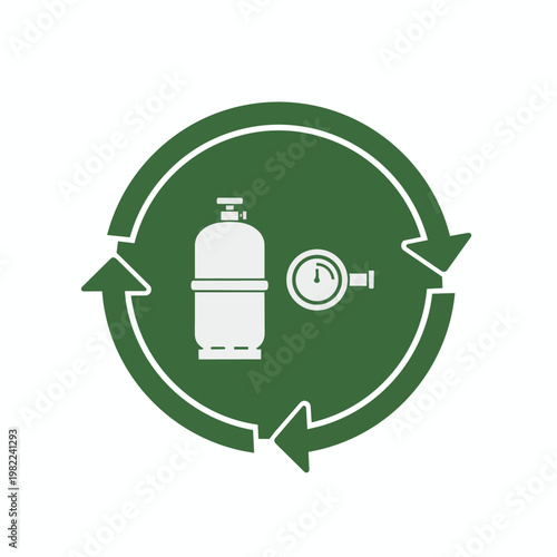 Gas cylinder and pressure gauge in recycling symbol signifying gas container reuse and environmental responsibility.