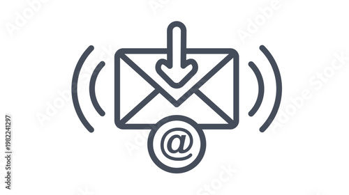 фотографія Incoming email notification vector icon illustration featuring a black line art envelope with a downward arrow, signal waves, and an at symbol for digital communication, messaging, and inbox